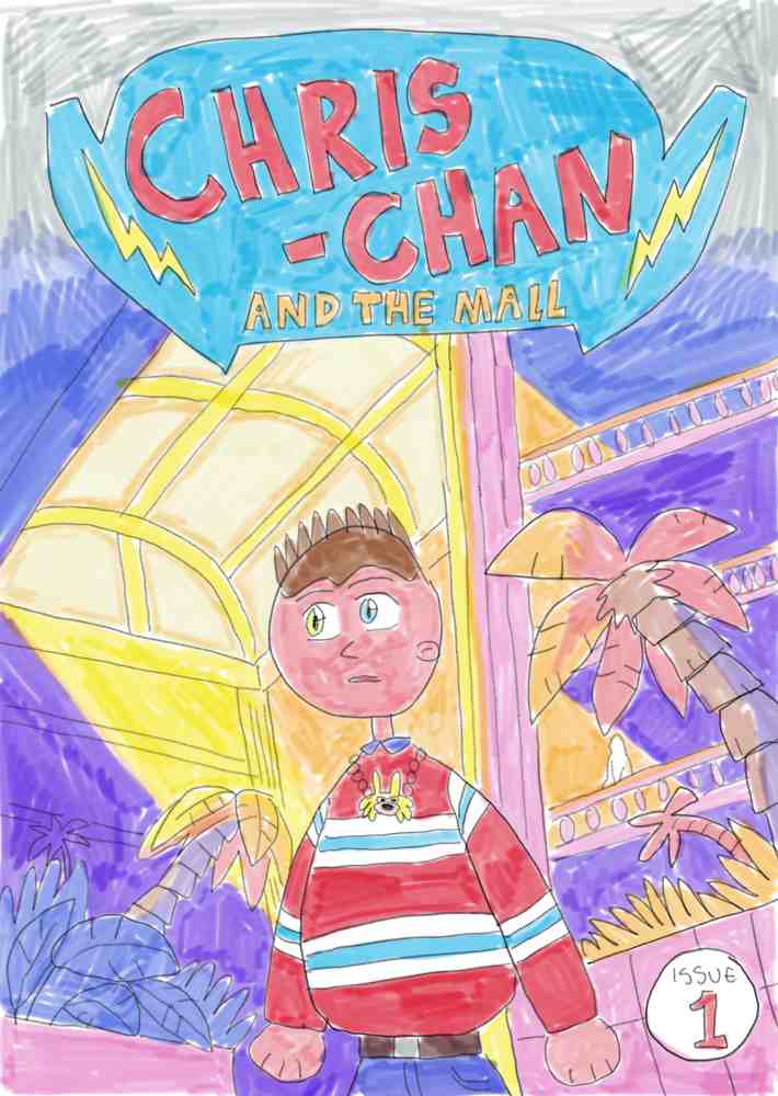 Cover image for Chris Chan and the Mall comic series. Chris Chan is standing up front, with a frogs perspective. The ceiling of the mall is shown in the background, with palms and multiple floors below. The sunset is shining through the glass ceiling.